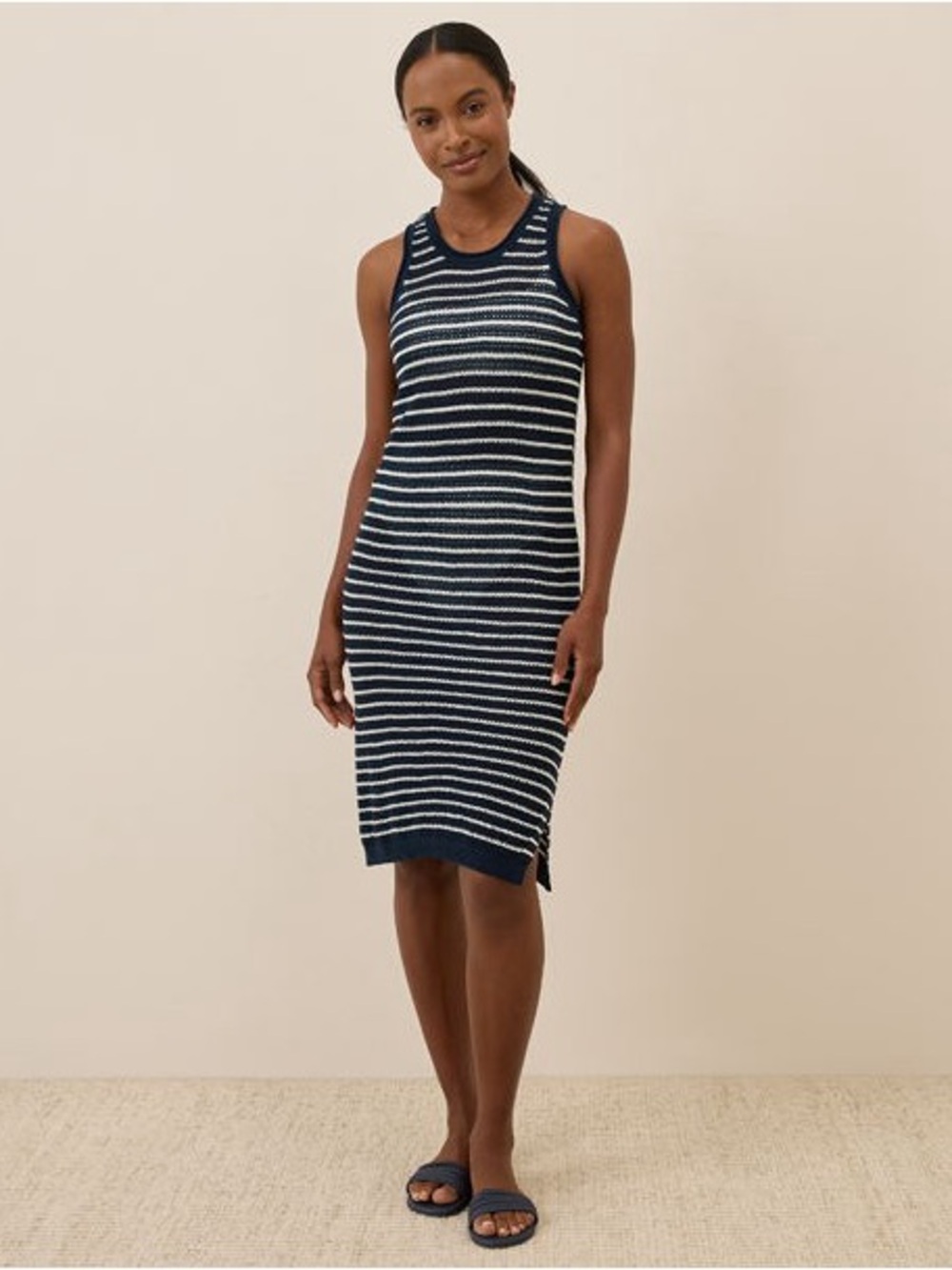 Pact Beachside Linen & Cotton Crochet Knit Cover-Up in Navy Capri Stripe